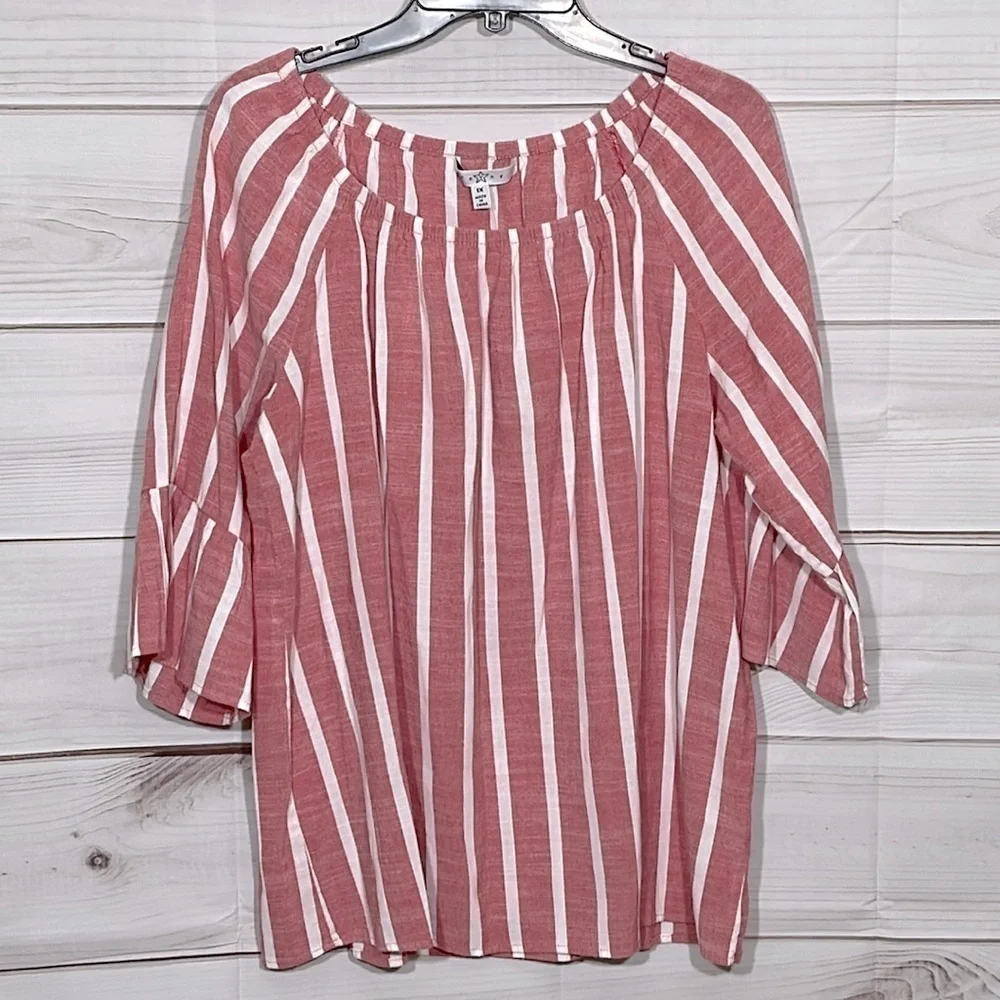 Red & White Striped Off the Shoulder Boho Fever Top Size 1X - Picture 1 of 9